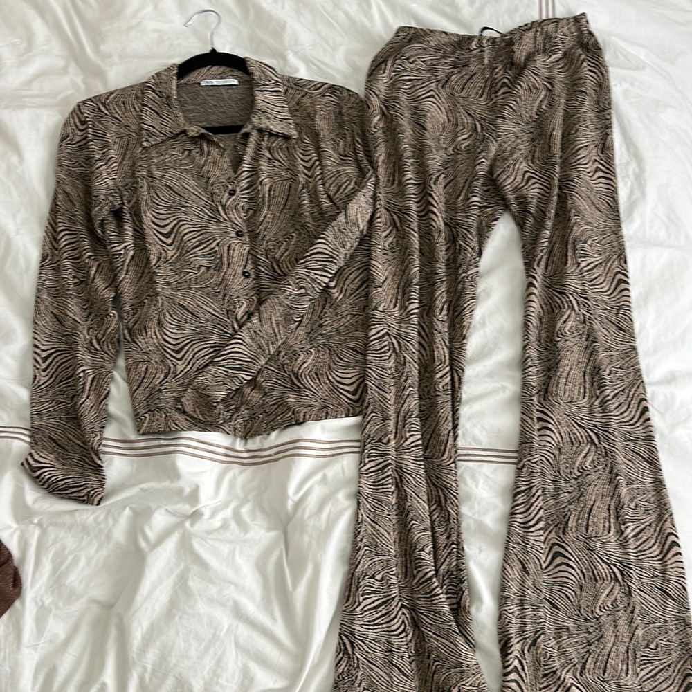 Zara Zebra Button-Up Shirt and Flared Pants Set
